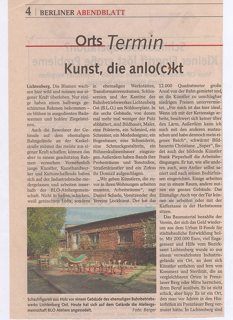Kunst, die anlockt: die BLO Ateliers im Berliner Abendblatt, Okt. 2006