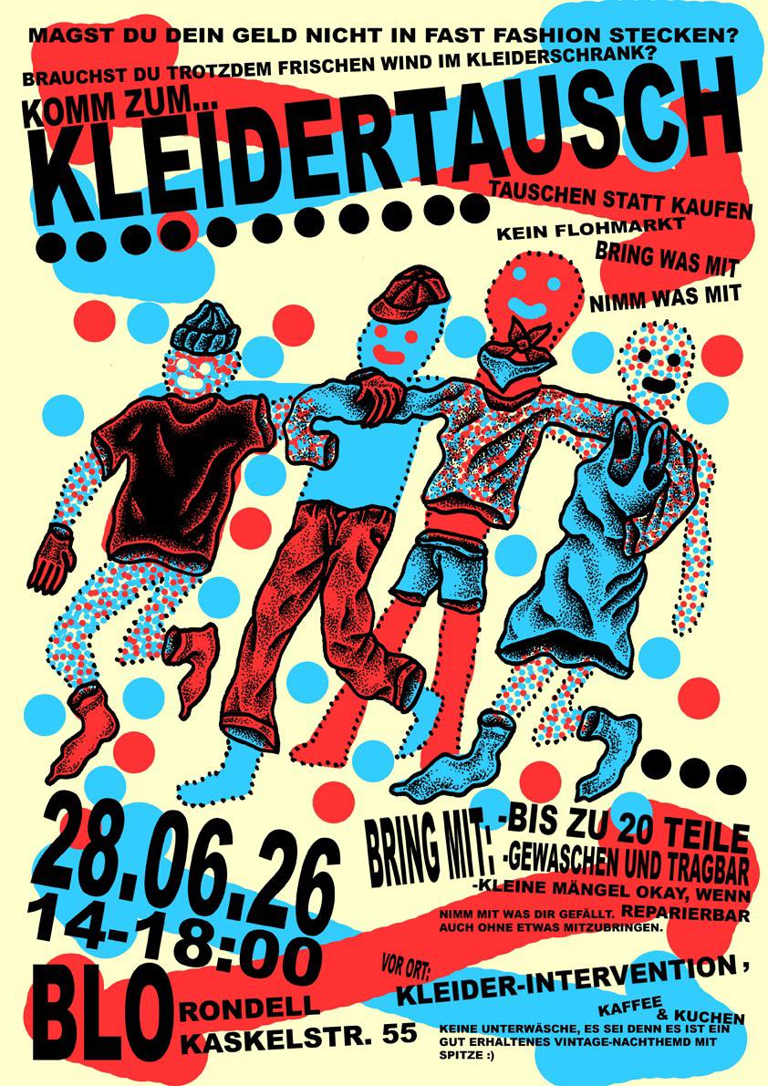 Buntes Veranstaltungsplakat für einen Kleidertausch am 28. Juni 2026 im B.L.O. Rondell, Kaskelstraße 55, Berlin. Vier stilisierte Figuren in gestrichelten Umrissen tragen und tauschen Kleidungsstücke, umgeben von roten und blauen Punkten auf cremefarbenem Hintergrund.